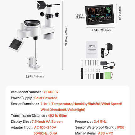 7-in-1 Wi-Fi Weather Station with APP, 190.5 mm VA Display, Wireless Solar Powered Outdoor Sensor, Rain Gauge, Indoor Outdoor for Weather Forecast, Wind Speed, Temperature, Humidity, Rainfall.