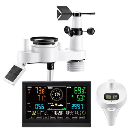 7-in-1 Wi-Fi Weather Station with APP, 190.5 mm Display, Wireless Solar Powered Outdoor Sensor, with Pool Thermometer, Rain Gauge, Indoor Outdoor for Weather Forecast Wind Speed Pool Temperature.