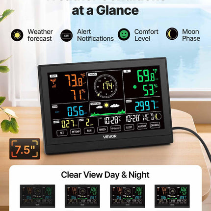 7-in-1 Wi-Fi Weather Station with APP, 190.5 mm Display, Wireless Solar Powered Outdoor Sensor, with Pool Thermometer, Rain Gauge, Indoor Outdoor for Weather Forecast Wind Speed Pool Temperature.