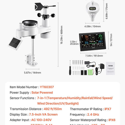 7-in-1 Wi-Fi Weather Station with APP, 190.5 mm Display, Wireless Solar Powered Outdoor Sensor, with Pool Thermometer, Rain Gauge, Indoor Outdoor for Weather Forecast Wind Speed Pool Temperature.