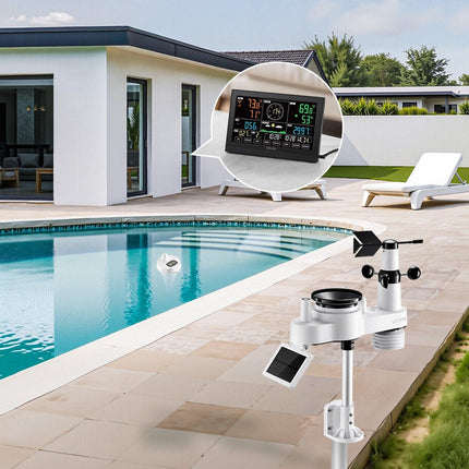 7-in-1 Wi-Fi Weather Station with APP, 190.5 mm Display, Wireless Solar Powered Outdoor Sensor, with Pool Thermometer, Rain Gauge, Indoor Outdoor for Weather Forecast Wind Speed Pool Temperature.