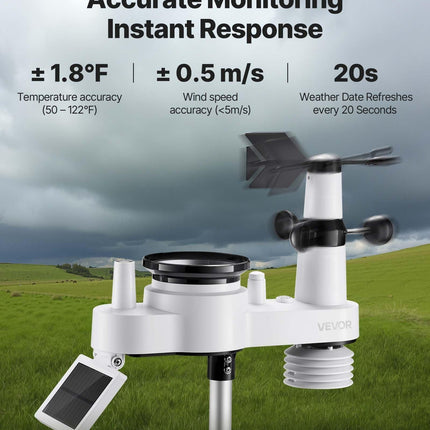 7-in-1 Wireless Weather Station, 190.5 mm VA Display, Solar Powered Outdoor Sensor, Rain Gauge, Indoor Outdoor for Weather Forecast, Temperature, Humidity, Wind Speed and Direction (No WiFi).