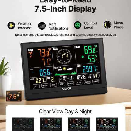 7-in-1 Wireless Weather Station, 190.5 mm VA Display, Solar Powered Outdoor Sensor, Rain Gauge, Indoor Outdoor for Weather Forecast, Temperature, Humidity, Wind Speed and Direction (No WiFi).