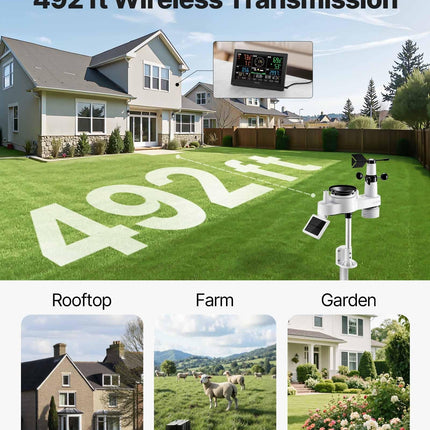 7-in-1 Wireless Weather Station, 190.5 mm VA Display, Solar Powered Outdoor Sensor, Rain Gauge, Indoor Outdoor for Weather Forecast, Temperature, Humidity, Wind Speed and Direction (No WiFi).