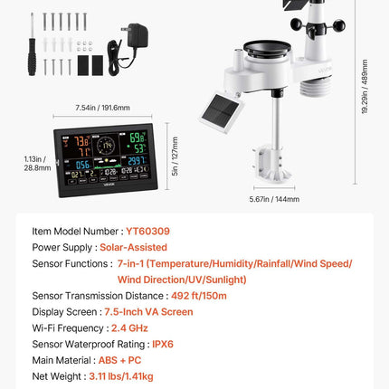 7-in-1 Wireless Weather Station, 190.5 mm VA Display, Solar Powered Outdoor Sensor, Rain Gauge, Indoor Outdoor for Weather Forecast, Temperature, Humidity, Wind Speed and Direction (No WiFi).