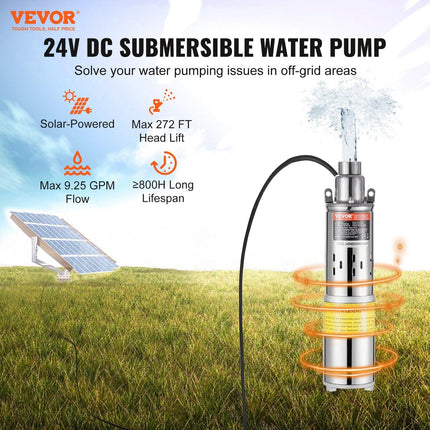 Solar Water Pump, DC 277W Submersible Deep Well Pump, Max Flow 2.1 m³/H, Max Head 83 m, Max Submersion Depth 20 m, Solar Powered Water Pump for Well, Farm Ranch Irrigation, Livestock Drinking.