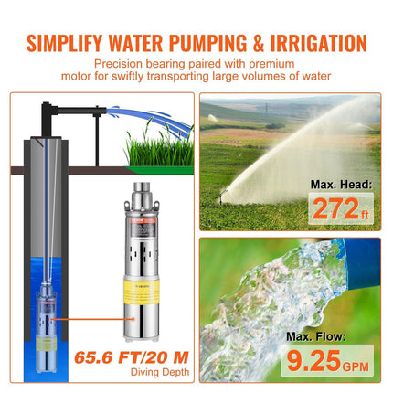 Solar Water Pump, DC 277W Submersible Deep Well Pump, Max Flow 2.1 m³/H, Max Head 83 m, Max Submersion Depth 20 m, Solar Powered Water Pump for Well, Farm Ranch Irrigation, Livestock Drinking.