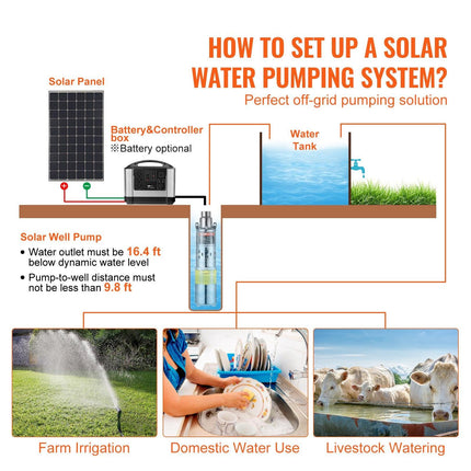 Solar Water Pump, DC 277W Submersible Deep Well Pump, Max Flow 2.1 m³/H, Max Head 83 m, Max Submersion Depth 20 m, Solar Powered Water Pump for Well, Farm Ranch Irrigation, Livestock Drinking.