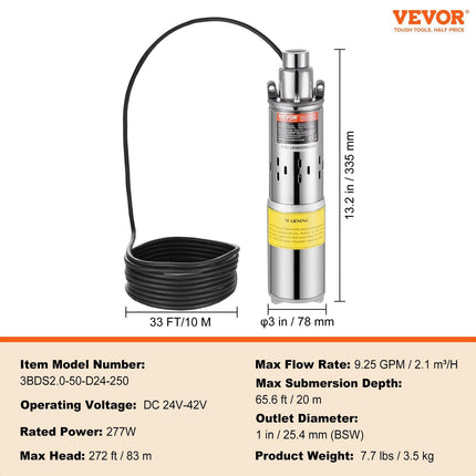 Solar Water Pump, DC 277W Submersible Deep Well Pump, Max Flow 2.1 m³/H, Max Head 83 m, Max Submersion Depth 20 m, Solar Powered Water Pump for Well, Farm Ranch Irrigation, Livestock Drinking.