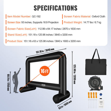 Inflatable Movie Screen, 16 FT Inflatable Projector Screen for Outside with Blower and Carrying Bag, Front/Rear Projection, Oxford Fabric Blow Up Screen for Outdoor Parties Backyard Movie Night.