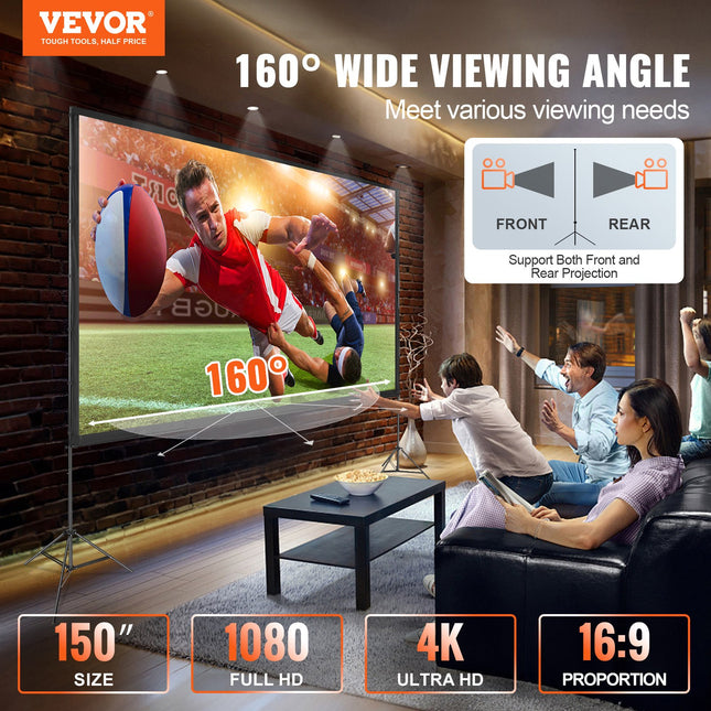 Projector Screen with Stand, 150 inch 16:9 4K 1080 HD Outdoor Movie Screen with Stand, Wrinkle-Free Projection Screen with Tripods and Carry Bag, for Home Theater Cinema Backyard Movie Night.