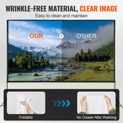 Projector Screen with Stand, 150 inch 16:9 4K 1080 HD Outdoor Movie Screen with Stand, Wrinkle-Free Projection Screen with Tripods and Carry Bag, for Home Theater Cinema Backyard Movie Night.