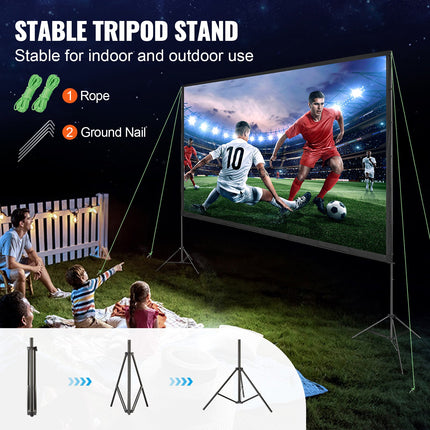 Projector Screen with Stand, 150 inch 16:9 4K 1080 HD Outdoor Movie Screen with Stand, Wrinkle-Free Projection Screen with Tripods and Carry Bag, for Home Theater Cinema Backyard Movie Night.