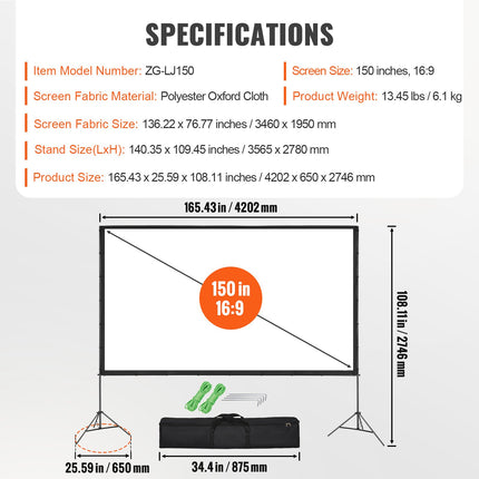 Projector Screen with Stand, 150 inch 16:9 4K 1080 HD Outdoor Movie Screen with Stand, Wrinkle-Free Projection Screen with Tripods and Carry Bag, for Home Theater Cinema Backyard Movie Night.