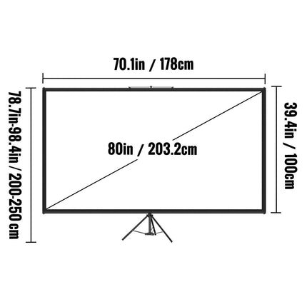 Tripod Projector Screen with Stand 80 inch 16:9 4K HD Projection Screen Stand Wrinkle-Free Height Adjustable Portable Screen for Projector Indoor & Outdoor for Movie, Home Cinema, Gaming, Office.