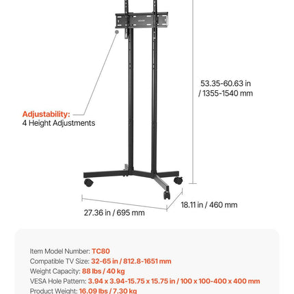 Rolling TV Stand, Mobile TV Cart for 32-65 Inch Screens, Height Adjustable, Portable Monitor Stand with Wheels Holds up to 40 kg for Living Room, Bedroom, Office, Outdoor, Max VESA 400x400mm.