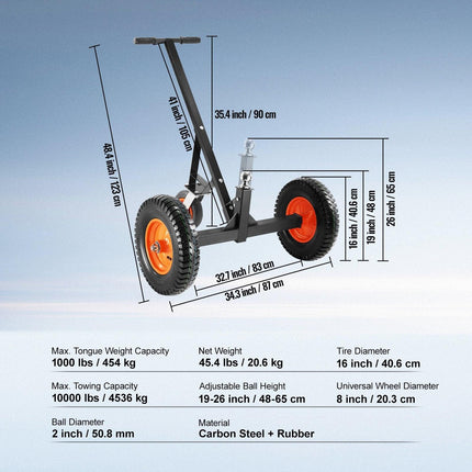 Adjustable Trailer Dolly, 1000lbs Tongue Weight Capacity, Carbon Steel Trailer Mover with 19''-26'' Adjustable Height & 2'' Ball, 16'' Pneumatic Tires & Universal Wheel, for Moving RV Trailer.