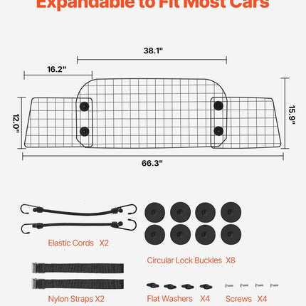 Dog Car Barrier, 96.5-168.5cm Adjustable Car Divider for Trunk Cargo Area, Universal-Fit Back Seat Heavy-Duty Wire Mesh Dogs Separator Guard Net, Vehicle Pet Barrier for Sedans, Trucks and SUVs.
