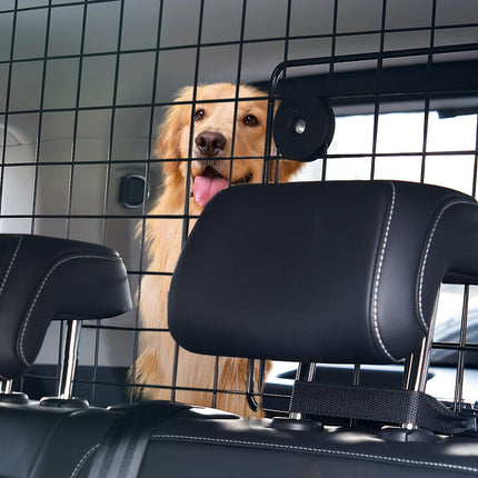 Dog Car Barrier, 96.5-168.5cm Adjustable Car Divider for Trunk Cargo Area, Universal-Fit Back Seat Heavy-Duty Wire Mesh Dogs Separator Guard Net, Vehicle Pet Barrier for Sedans, Trucks and SUVs.