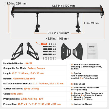Universal Rear Spoiler GT Style Adjustable Trunk Wing Car Racing 43.3''.