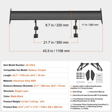 GT Wing Car Spoiler, 43.3 inch Universal Spoiler with Single Deck, Adjustable Lightweight Aluminum, Car Rear Spoiler Wing, Racing Spoiler BGW/JDM Drift Black.