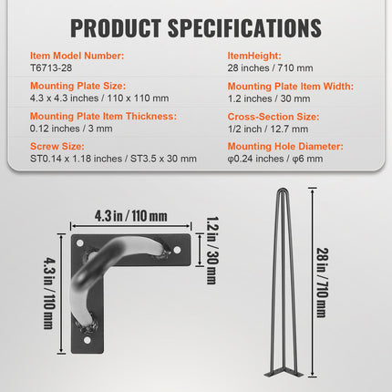 Hairpin Table Legs 0.7M, Set of 4 Desk Legs 408.2KG Load Capacity, Hairpin Desk Legs 3 Rods for Desk Chairs Bench Dining End Table, Solid Carbon Steel Heavy Duty Furniture Legs Black.