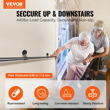 Pipe Stair Handrail, 11FT Staircase Handrail, 440LBS Load Capacity Carbon Steel Pipe Handrail, Industrial Pipe Handrail with Wall Mount Support, Round Corner Wall Handrailing for Indoor, Outdoor.
