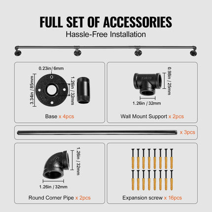 Pipe Stair Handrail, 11FT Staircase Handrail, 440LBS Load Capacity Carbon Steel Pipe Handrail, Industrial Pipe Handrail with Wall Mount Support, Round Corner Wall Handrailing for Indoor, Outdoor.