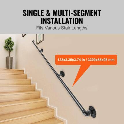 Pipe Stair Handrail, 11FT Staircase Handrail, 440LBS Load Capacity Carbon Steel Pipe Handrail, Industrial Pipe Handrail with Wall Mount Support, Round Corner Wall Handrailing for Indoor, Outdoor.
