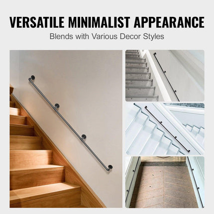 Pipe Stair Handrail, 11FT Staircase Handrail, 440LBS Load Capacity Carbon Steel Pipe Handrail, Industrial Pipe Handrail with Wall Mount Support, Round Corner Wall Handrailing for Indoor, Outdoor.