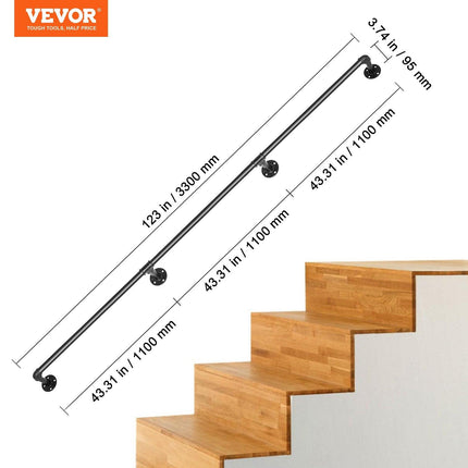 Pipe Stair Handrail, 11FT Staircase Handrail, 440LBS Load Capacity Carbon Steel Pipe Handrail, Industrial Pipe Handrail with Wall Mount Support, Round Corner Wall Handrailing for Indoor, Outdoor.