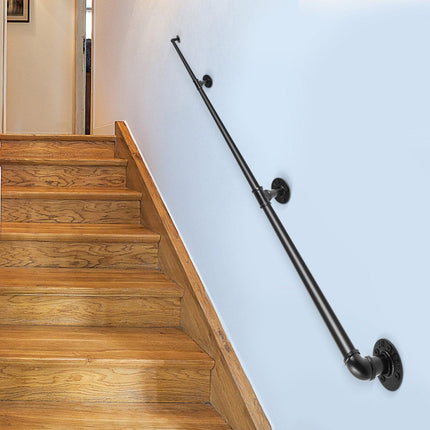 Pipe Stair Handrail, 11FT Staircase Handrail, 440LBS Load Capacity Carbon Steel Pipe Handrail, Industrial Pipe Handrail with Wall Mount Support, Round Corner Wall Handrailing for Indoor, Outdoor.