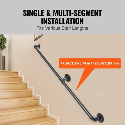 Pipe Stair Handrail Staircase Handrail 4 FT Carbon Steel for Wall Mount.