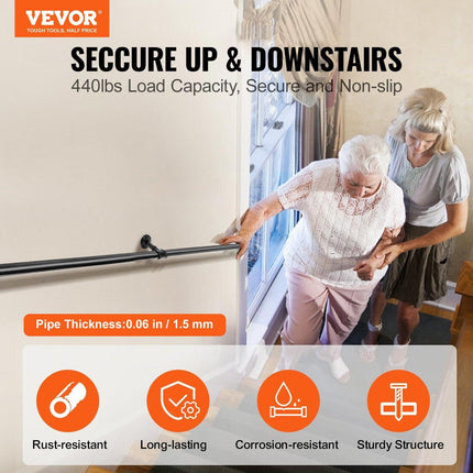 Pipe Stair Handrail, 1.8m Staircase Handrail, 200KG Load Capacity Carbon Steel Pipe Handrail, Industrial Pipe Handrail with Wall Mount Support, Round Corner Wall Handrailings for Indoor, Outdoor.