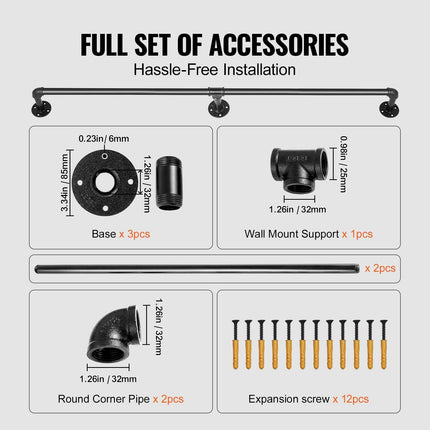 Pipe Stair Handrail, 1.8m Staircase Handrail, 200KG Load Capacity Carbon Steel Pipe Handrail, Industrial Pipe Handrail with Wall Mount Support, Round Corner Wall Handrailings for Indoor, Outdoor.
