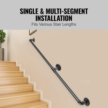 Pipe Stair Handrail, 1.8m Staircase Handrail, 200KG Load Capacity Carbon Steel Pipe Handrail, Industrial Pipe Handrail with Wall Mount Support, Round Corner Wall Handrailings for Indoor, Outdoor.