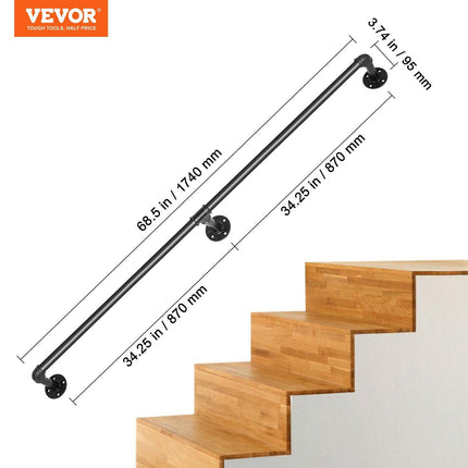Pipe Stair Handrail, 1.8m Staircase Handrail, 200KG Load Capacity Carbon Steel Pipe Handrail, Industrial Pipe Handrail with Wall Mount Support, Round Corner Wall Handrailings for Indoor, Outdoor.