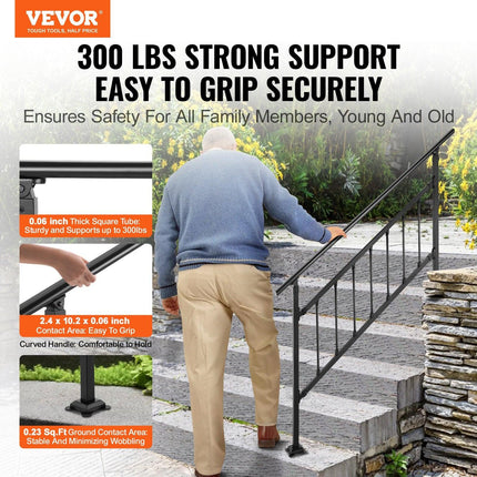 Iron Handrail Stair Railing Hand Rail Kit 1-4 Steps Outdoor Black w/ Bars.