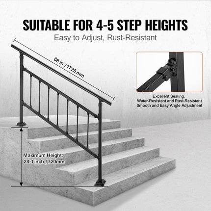 Iron Handrail Stair Railing Hand Rail Kit 1-4 Steps Outdoor Black w/ Bars.