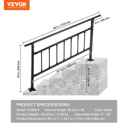 Iron Handrail Stair Railing Hand Rail Kit 1-4 Steps Outdoor Black w/ Bars.