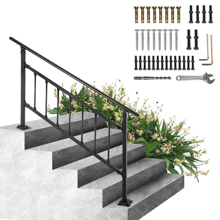 Iron Handrail Stair Railing Hand Rail Kit 1-4 Steps Outdoor Black w/ Bars.