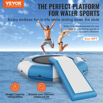 Inflatable Water Bouncer, 10ft Recreational Water Trampoline, Portable Bounce Swim Platform with Slide, 3-Step Ladder & Electric Air Pump, Kid Adult Floating Rebounder for Pool Lake Water Sports.