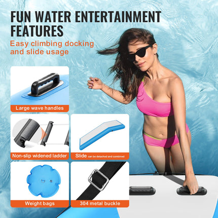 Inflatable Water Bouncer, 10ft Recreational Water Trampoline, Portable Bounce Swim Platform with Slide, 3-Step Ladder & Electric Air Pump, Kid Adult Floating Rebounder for Pool Lake Water Sports.