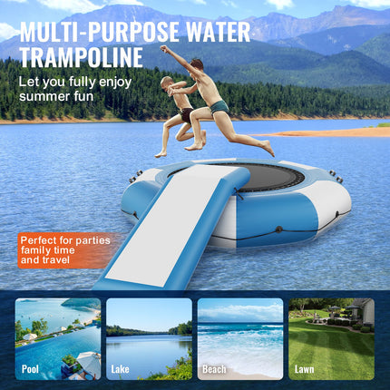Inflatable Water Bouncer, 10ft Recreational Water Trampoline, Portable Bounce Swim Platform with Slide, 3-Step Ladder & Electric Air Pump, Kid Adult Floating Rebounder for Pool Lake Water Sports.
