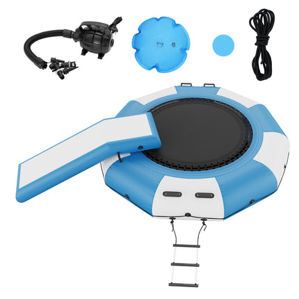 Inflatable Water Bouncer, 10ft Recreational Water Trampoline, Portable Bounce Swim Platform with Slide, 3-Step Ladder & Electric Air Pump, Kid Adult Floating Rebounder for Pool Lake Water Sports.