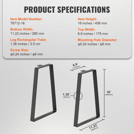 406.4MM Trapezoid Steel Table Legs, Replacement Furniture Legs Set of 2 for DIY Coffee Tables, Modern Desks, Bench, Night Stands, Sofa, Max Load 181.4KG Heavy Duty, Quick Instalation Legs Black.