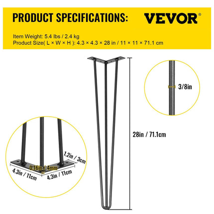 Hairpin Table Legs 28 inch, Set of 4 DIY Desk Table Legs 3 Rods Heavy Duty.