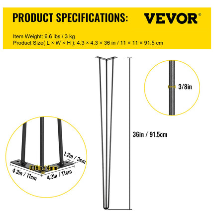 Hairpin Table Legs 36 inch, Set of 4 DIY Desk Table Legs 3 Rods Heavy Duty.