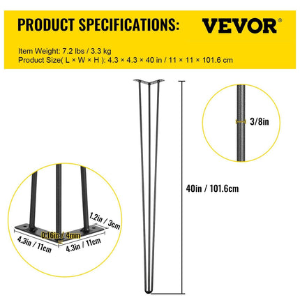 Hairpin Table Legs 40 inch, Set of 4 DIY Desk Table Legs 3 Rods Heavy Duty.