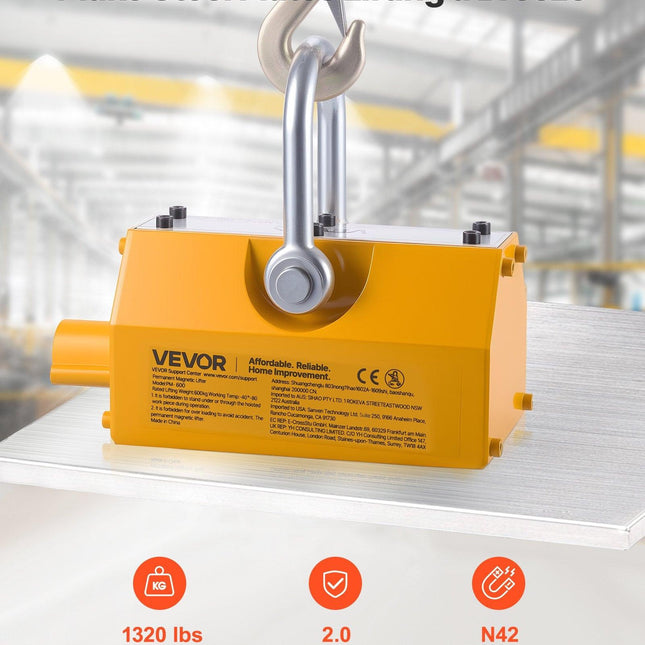 VEVOR Permanent Magnetic Lifter, 600 kg Pulling Capacity, Heavy Duty N42 Neodymium Lifting Magnet with Release Handle and Steel Hook, Used in Shop Crane and Hoist, for Lifting Plate Steel, Board.